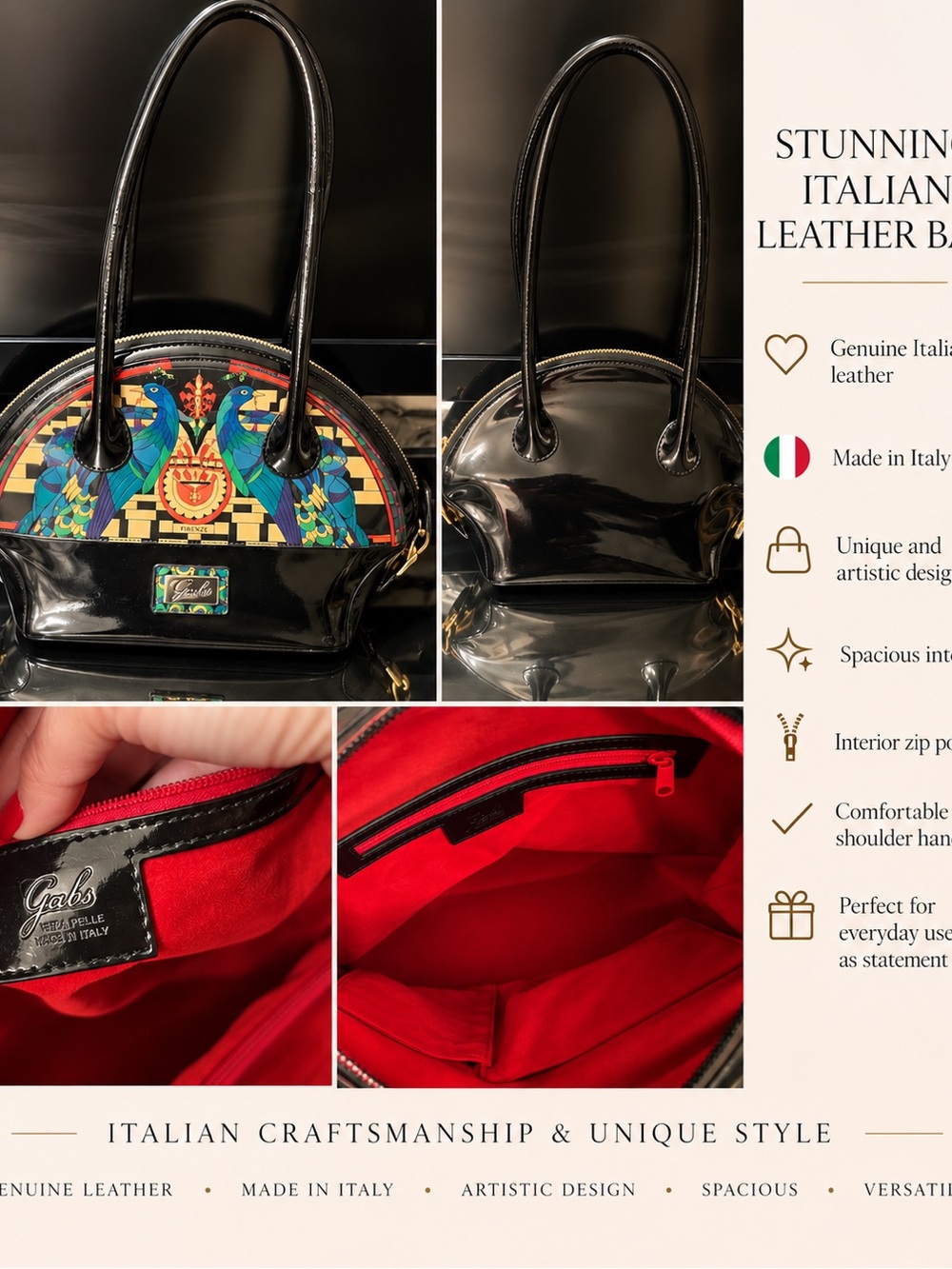 Italian Patent Leather Dome Tote - Black with Multicolor Front Panel